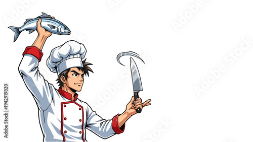 Dynamic Cartoon Chef Flipping Knife While Holding Fresh Fish Cooking Concept Isolated on White