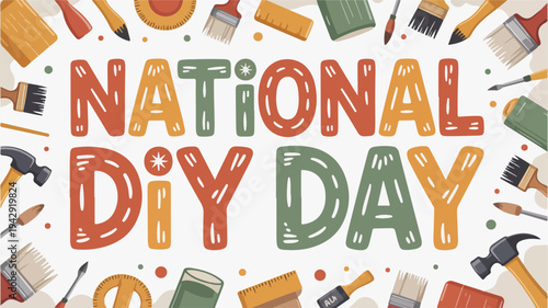National diy day banner with colorful tools and supplies on white background