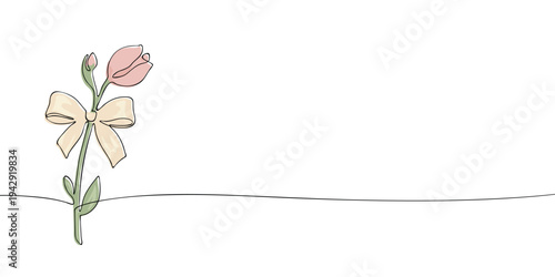 Minimal illustration of a tulip with a decorative bow, symbolizing spring, tenderness, gift giving, celebration, and floral beauty.