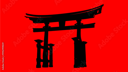 Striking Black Torii Gate Silhouette Against Vibrant Red Background Icon Symbolizing Japan