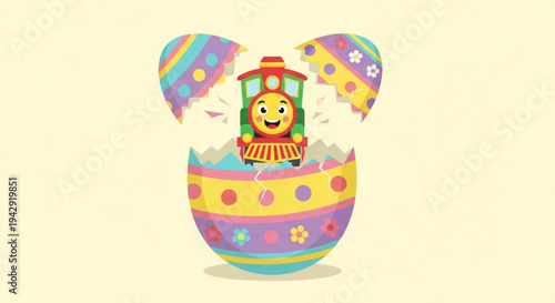 Large colorful Easter egg cracked open revealing smiling toy train spring surprise cartoon vector illustration