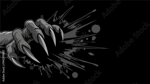 Aggressive Monster Claw Ripping Through Black Background Grungy Vector Graphic