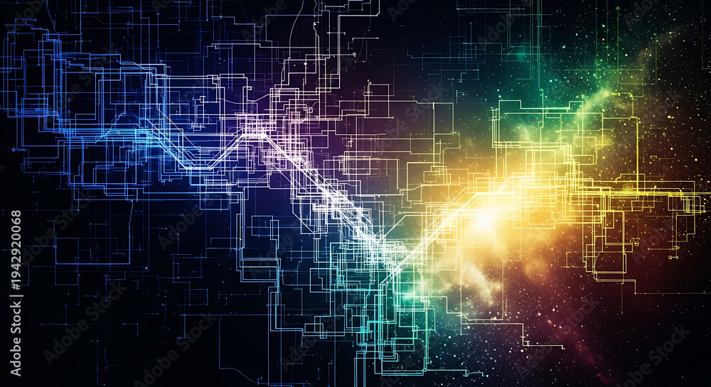 Obraz premium Dynamic conceptual network of glowing lines and light bursts, illustrating advanced technology, data transmission, and intricate digital connectivity