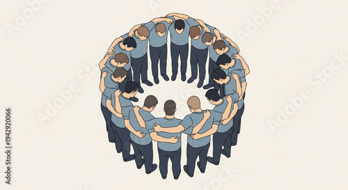 Birds eye view diverse group people holding hands large circle team building unity cartoon vector illustration