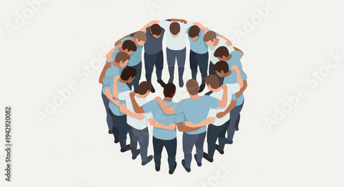 Birds eye view diverse people holding hands forming large circle unity team cartoon vector illustration