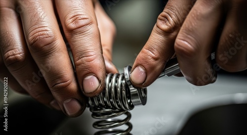 Hands Assembling Metal Spring Component in Close-Up Focus