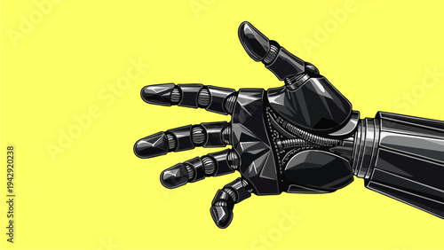 Black Robotic Prosthetic Hand Reaching Out Against Bright Yellow Background