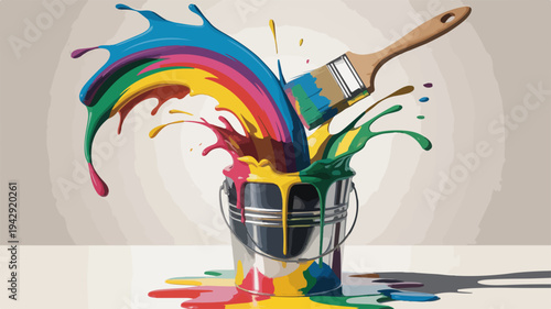 Colorful paint splashes from a metal bucket with a brush vibrant art supplies on a table