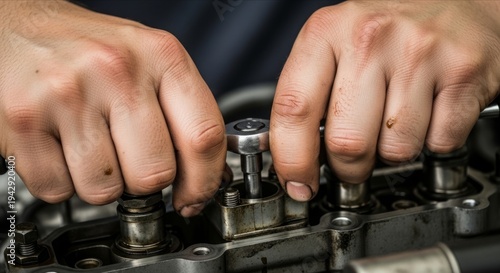 Close-Up of Hands Working on Engine Component with Tools