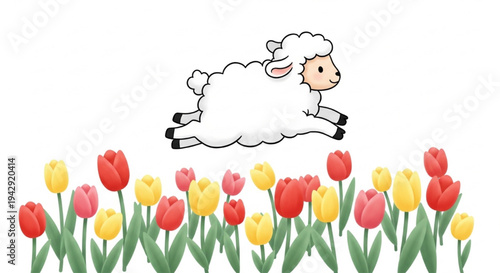 Adorable cute white sheep jumping over colorful tulip flowers on green grass cartoon vector illustration
