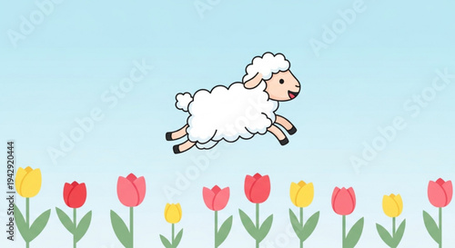 Cute white sheep jumping high over colorful tulip flowers blue sky background cartoon vector illustration