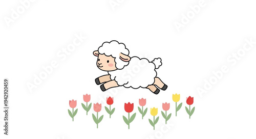 Tiny adorable cute white sheep jumping over row small colorful flowers spring cartoon vector illustration
