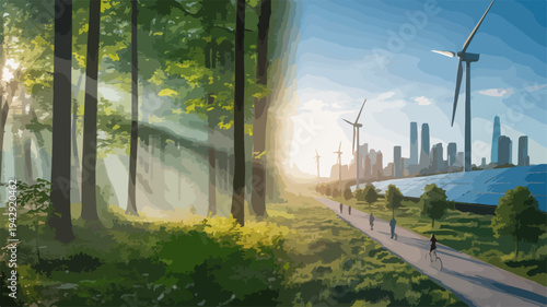 Eco friendly cityscape with wind turbines and forest landscape under blue sky with sunlight