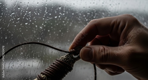 Hand Holding a Traditional Object by a Rainy Window Scene