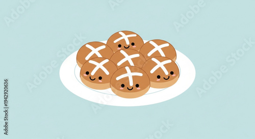 Adorable cute hot cross buns with smiling faces on white plate Easter food cartoon vector illustration