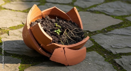 Broken Flowerpot with Soil and Plant on Stone Pathway Outdoors