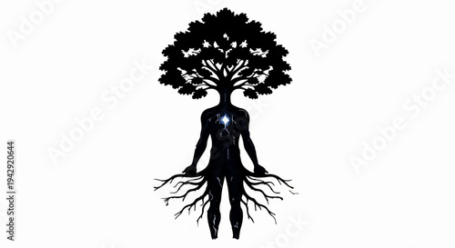 Human silhouette with tree for a head and roots for legs, symbolizing life and connection to nature.