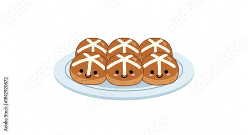 Plate full adorable cute hot cross buns smiling faces Easter dessert food cartoon vector illustration