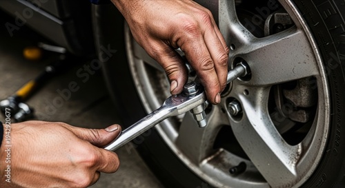 Person Using a Wrench to Tighten a Car Wheel Bolt in Garage