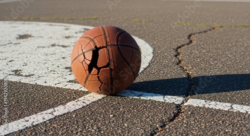 Cracked Basketball on Outdoor Court With Visible Damage and Wear