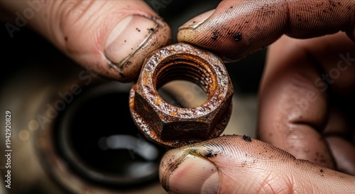 Close-Up of a Rusty Nut Held Between Two Dirty Fingers