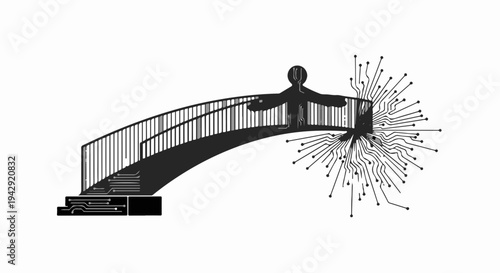 Silhouette of person on bridge expanding into network of connections