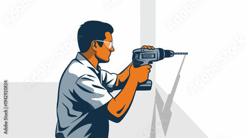 Man drilling into wall with power drill home improvement and diy concept illustration