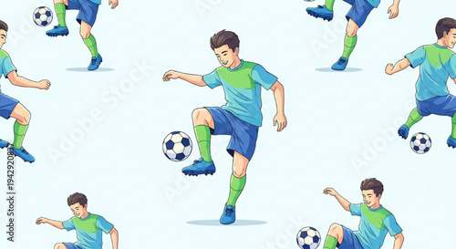 Multiple energetic young soccer players in dynamic action kicking ball on sports field cartoon vector illustration