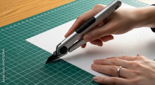 Close-Up of Hand Using Cutter Knife on White Sheet with Grid Cutting Mat