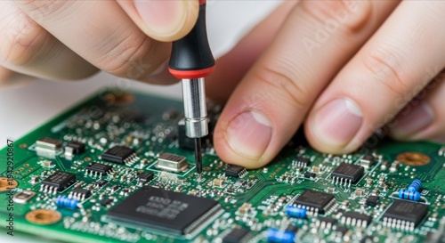Close-Up of Hands Repairing Electronic Circuit Board with Screwdriver