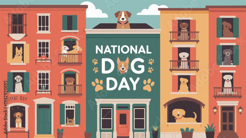 National dog day celebration with dogs in balconies of colorful buildings