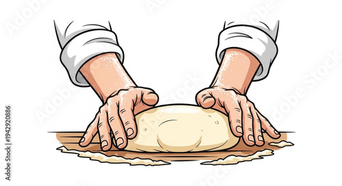 Hands Kneading Dough on Floured Surface.