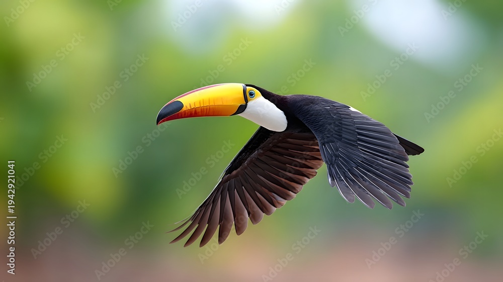 Fototapeta premium A photograph of a vibrant toucan in mid flight seen from a unique low angle that emphasizes its broad spread wings and colorful chest capturing a moment of natural beauty