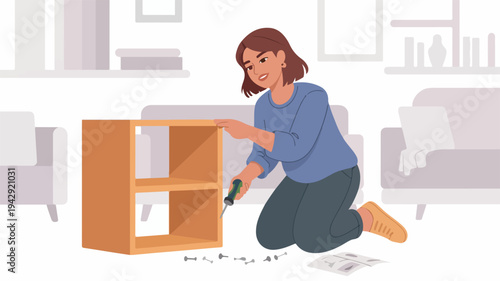 Woman assembling furniture with screwdriver in living room home decor and diy concept