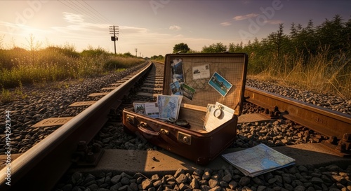 Vintage Suitcase with Travel Postcards on Railway Tracks at Sunset