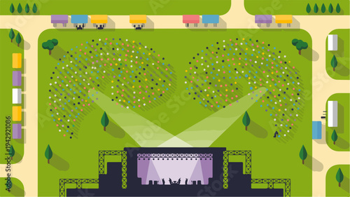 Outdoor concert stage in a park with audience and colorful tents aerial view with green grass and trees