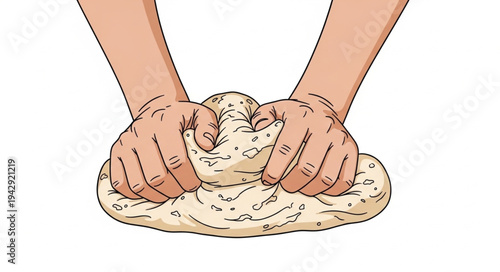 Hands Kneading Dough on White.
