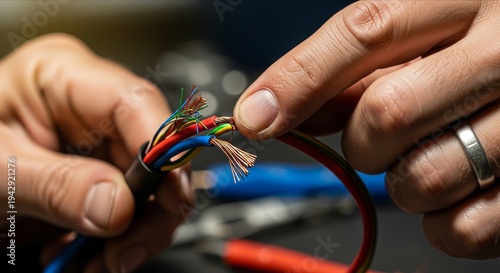 Close-Up of Hands Working with Colorful Electrical Wires and Cables