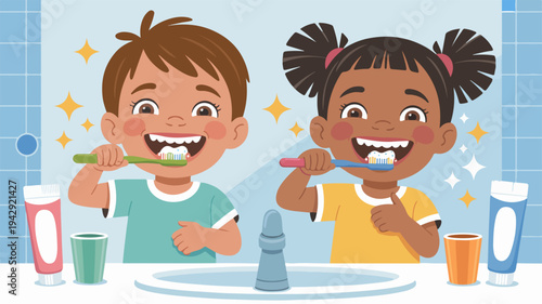 Two happy children brushing teeth with colorful toothbrushes in bathroom