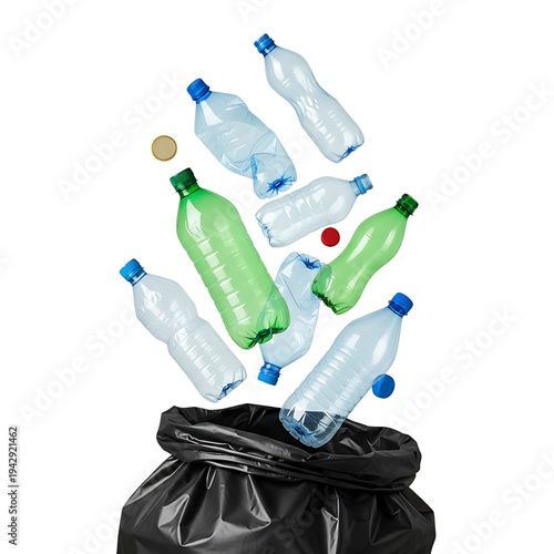Recyclable Plastic Bottles Falling into Black Trash Can