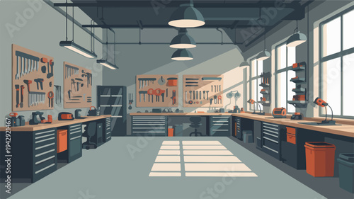 Spacious industrial workshop with workbenches toolboxes and large windows illuminated by overhead lighting showcasing a well organized garage or factory interior with ample