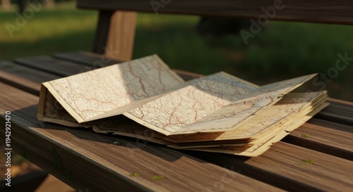 Vintage Maps Spread Across a Wooden Bench in a Tranquil Park Setting