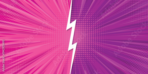 Pop art versus comic background. Pink and purple vs battle background with lightinings. Fighting split comic backdrop.