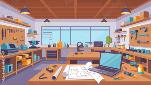 Modern workshop interior with workbenches tools and laptop on a wooden desk brightly lit with large windows