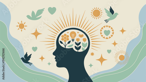 Person with a bright head filled with flowers surrounded by sun hearts and birds symbolizing happiness and mental well being