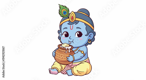 A cartoon illustration of a blue-skinned Hindu deity Krishna sitting and eating from a basket with a peacock feather on his head.