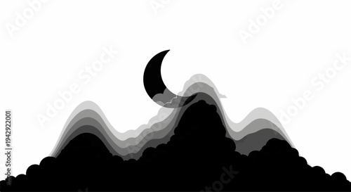 Mystical crescent moon peeking over layered dark mountains under a night sky.