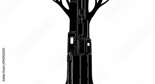 Majestic tree silhouette with abstract architectural elements blended into its form