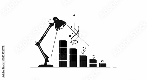 Desk lamp illuminates a growing stack of abstract blocks symbolizing progress and ideas.