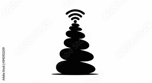 Stacked stones with a radiating signal, symbolizing balance and connectivity.